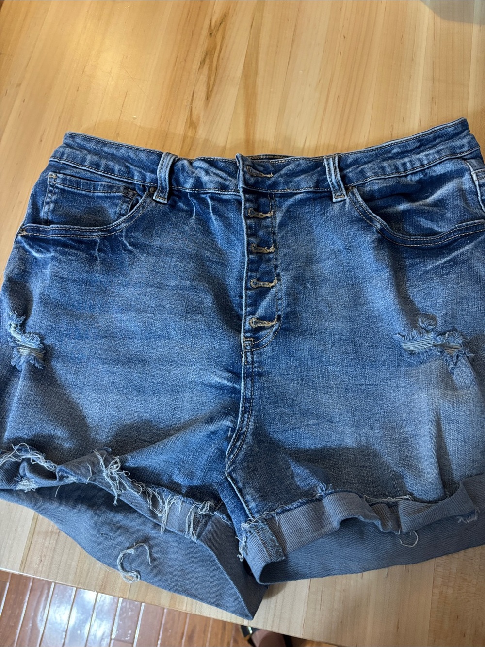 High-Rise Button-Fly Distressed Jean Shorts - Blue